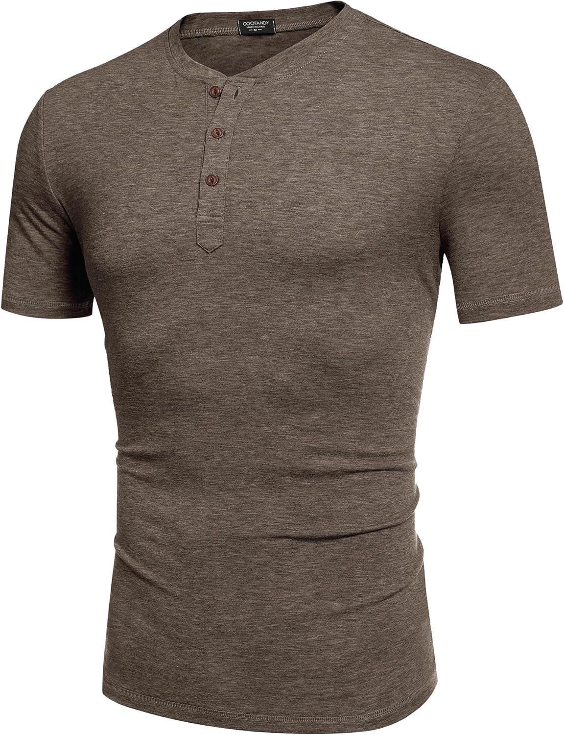 imageCOOFANDY Mens Henley Shirts Short Sleeve Casual Basic Tee Summer Button Henley Soild T ShirtsBrown