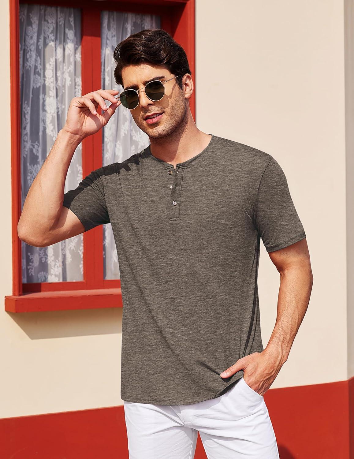 imageCOOFANDY Mens Henley Shirts Short Sleeve Casual Basic Tee Summer Button Henley Soild T ShirtsBrown