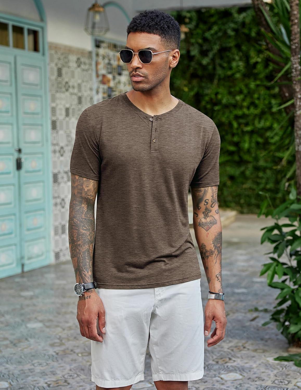imageCOOFANDY Mens Henley Shirts Short Sleeve Casual Basic Tee Summer Button Henley Soild T ShirtsBrown