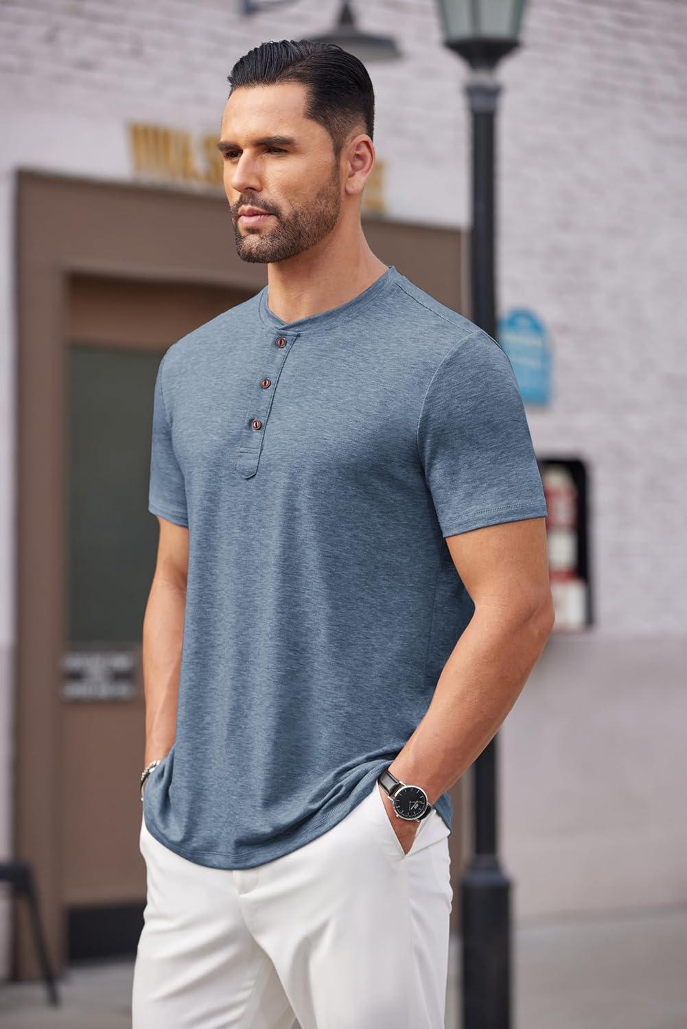 imageCOOFANDY Mens Henley Shirts Short Sleeve Casual Basic Tee Summer Button Henley Soild T ShirtsDark Blue