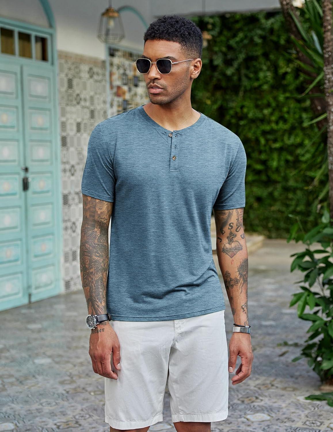 imageCOOFANDY Mens Henley Shirts Short Sleeve Casual Basic Tee Summer Button Henley Soild T ShirtsDark Blue