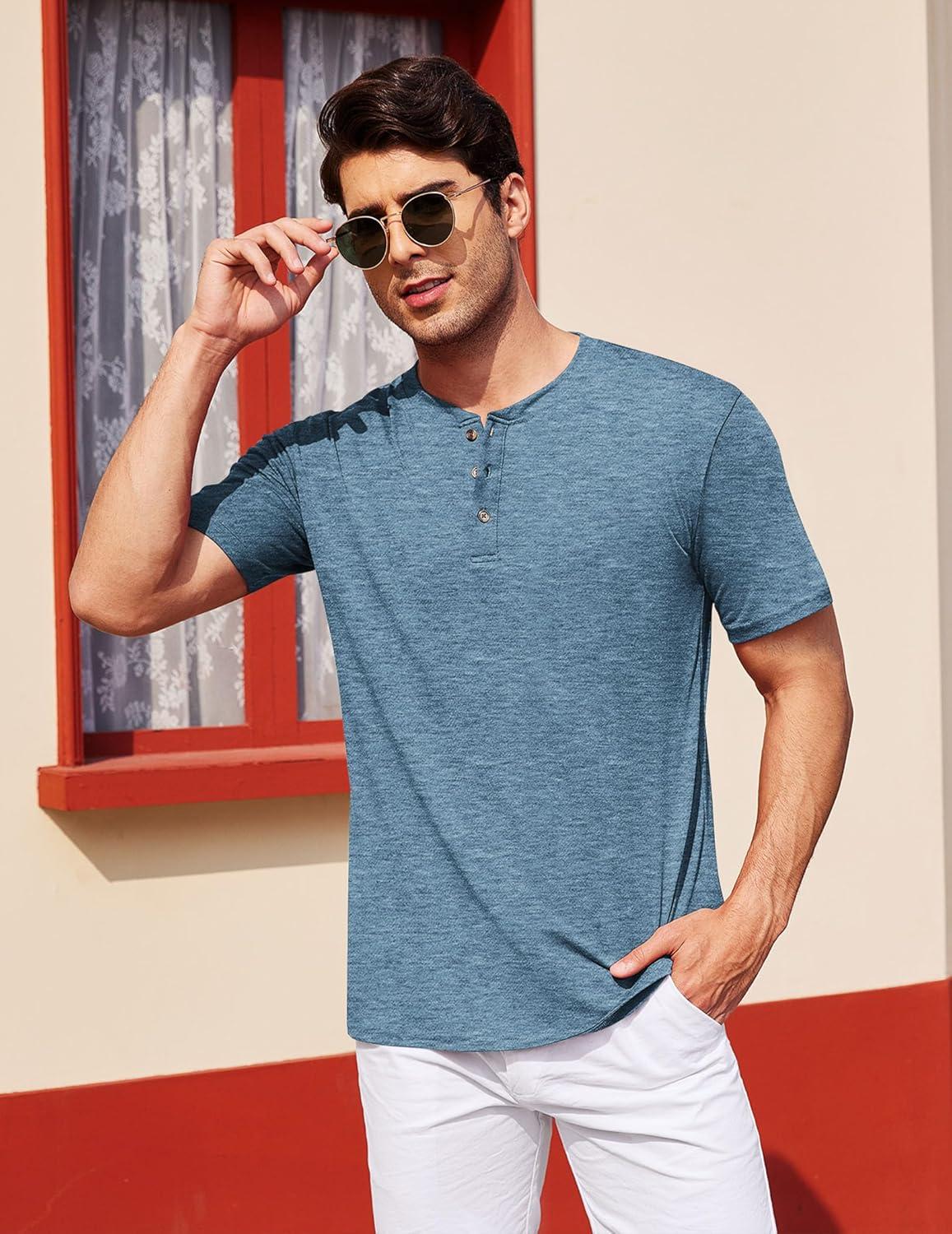 imageCOOFANDY Mens Henley Shirts Short Sleeve Casual Basic Tee Summer Button Henley Soild T ShirtsDark Blue