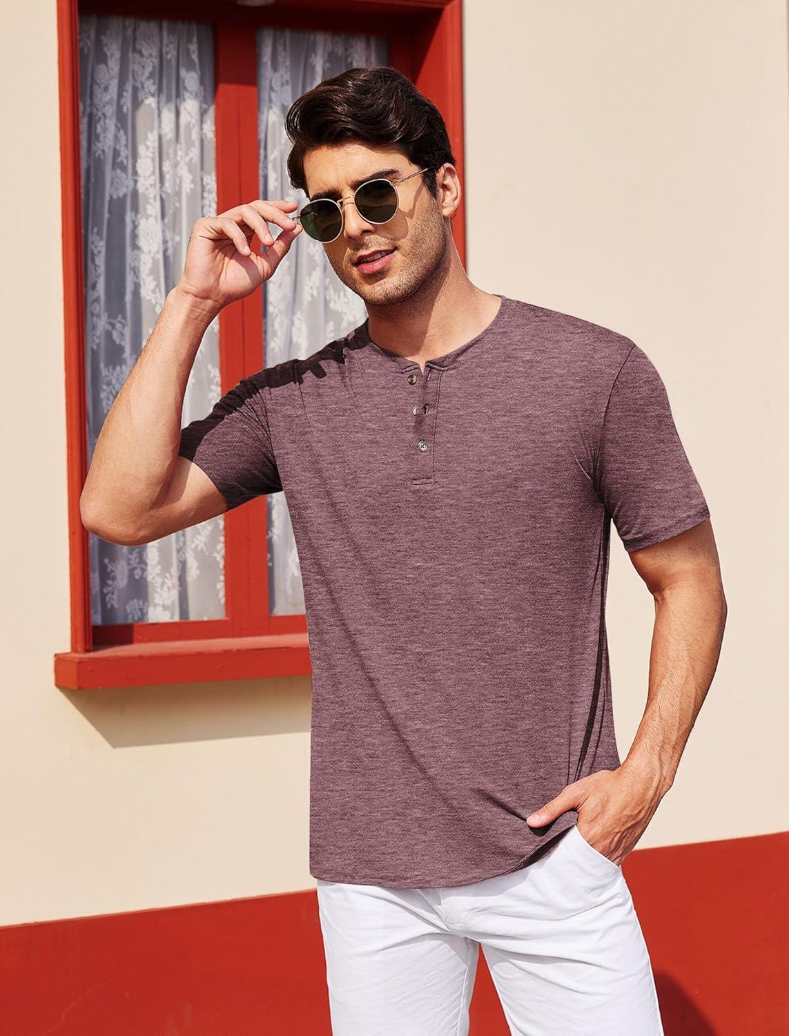 imageCOOFANDY Mens Henley Shirts Short Sleeve Casual Basic Tee Summer Button Henley Soild T ShirtsDark Red