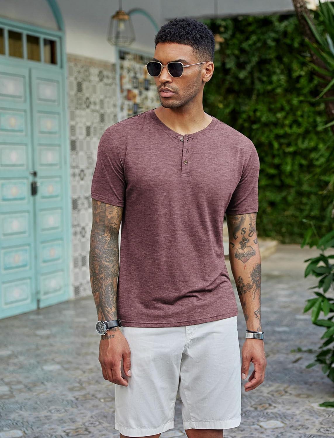 imageCOOFANDY Mens Henley Shirts Short Sleeve Casual Basic Tee Summer Button Henley Soild T ShirtsDark Red
