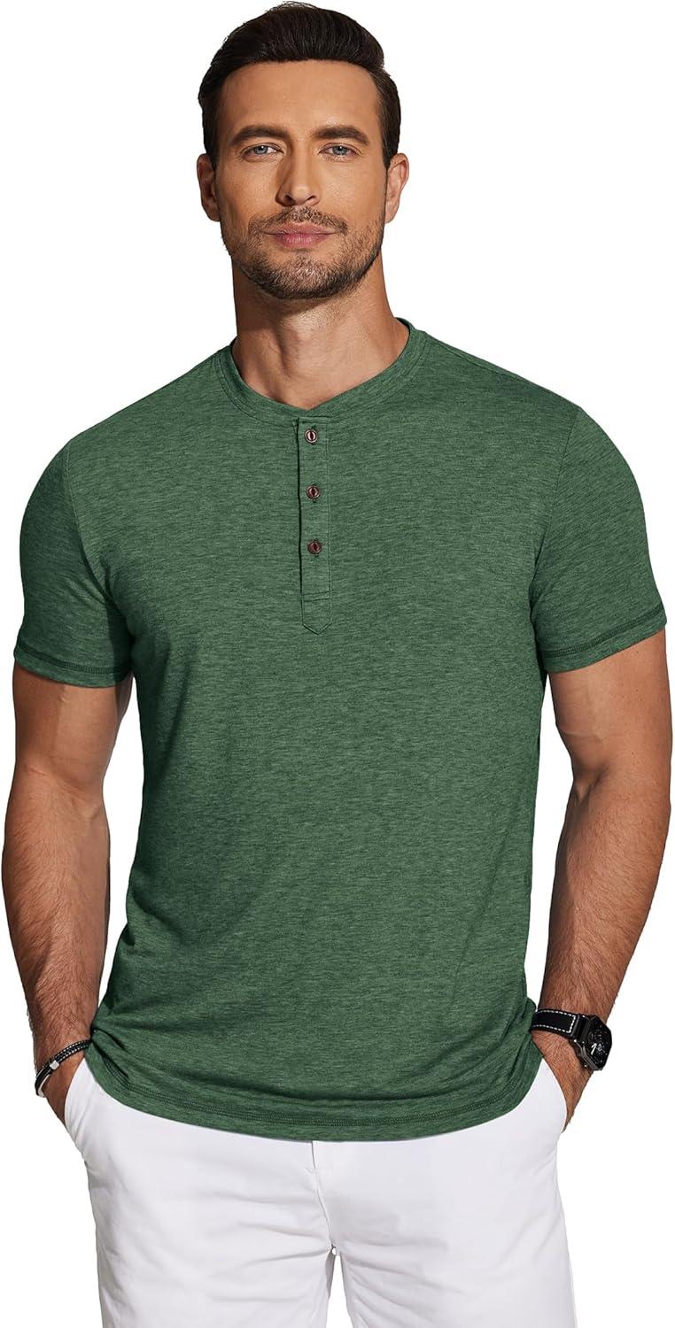 imageCOOFANDY Mens Henley Shirts Short Sleeve Casual Basic Tee Summer Button Henley Soild T ShirtsGreen