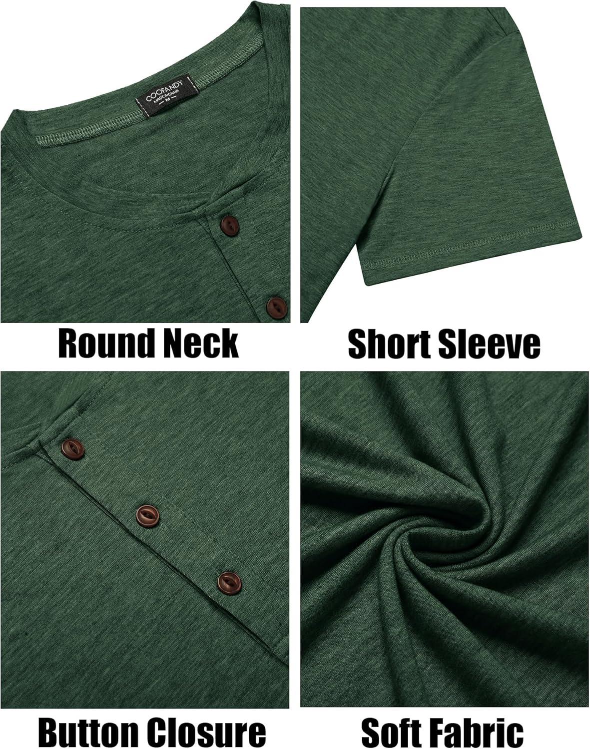 imageCOOFANDY Mens Henley Shirts Short Sleeve Casual Basic Tee Summer Button Henley Soild T ShirtsGreen