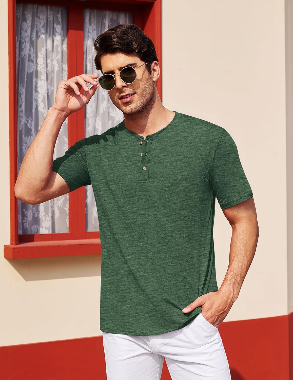 imageCOOFANDY Mens Henley Shirts Short Sleeve Casual Basic Tee Summer Button Henley Soild T ShirtsGreen