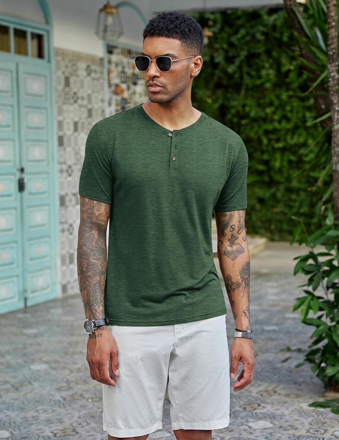 imageCOOFANDY Mens Henley Shirts Short Sleeve Casual Basic Tee Summer Button Henley Soild T ShirtsGreen