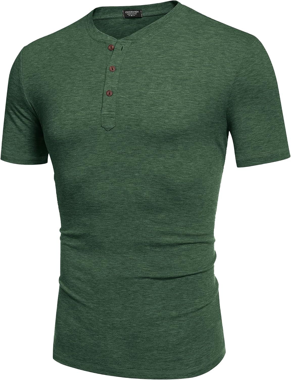 imageCOOFANDY Mens Henley Shirts Short Sleeve Casual Basic Tee Summer Button Henley Soild T ShirtsGreen