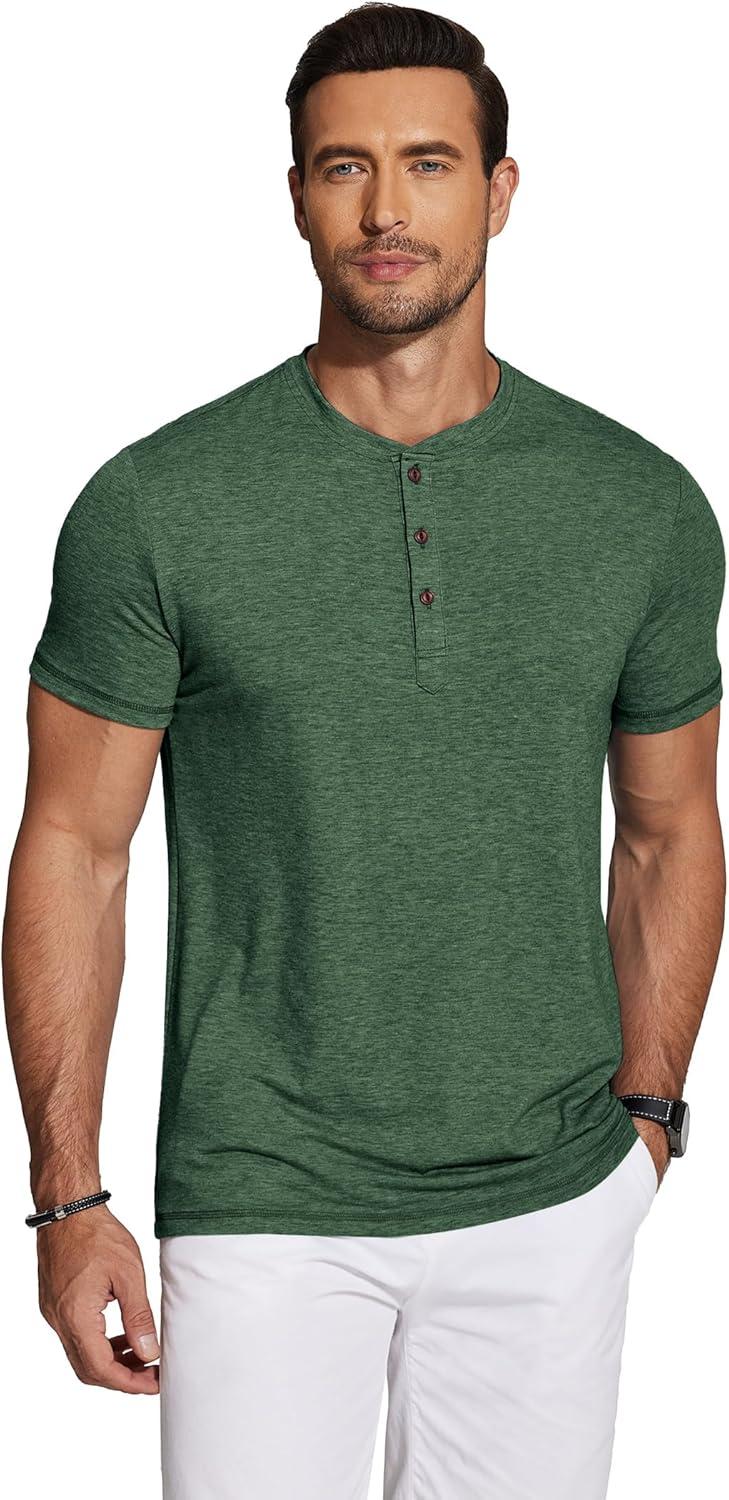 imageCOOFANDY Mens Henley Shirts Short Sleeve Casual Basic Tee Summer Button Henley Soild T ShirtsGreen