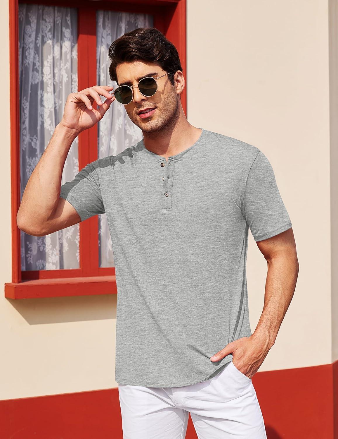 imageCOOFANDY Mens Henley Shirts Short Sleeve Casual Basic Tee Summer Button Henley Soild T ShirtsGrey