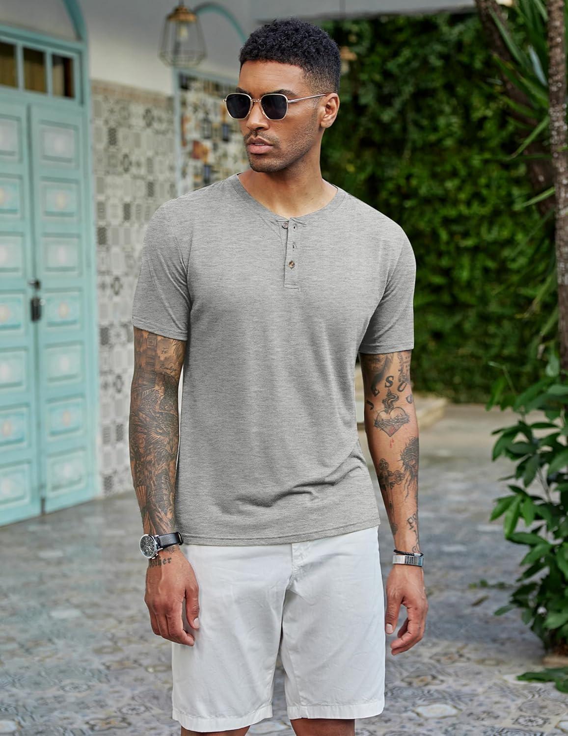 imageCOOFANDY Mens Henley Shirts Short Sleeve Casual Basic Tee Summer Button Henley Soild T ShirtsGrey