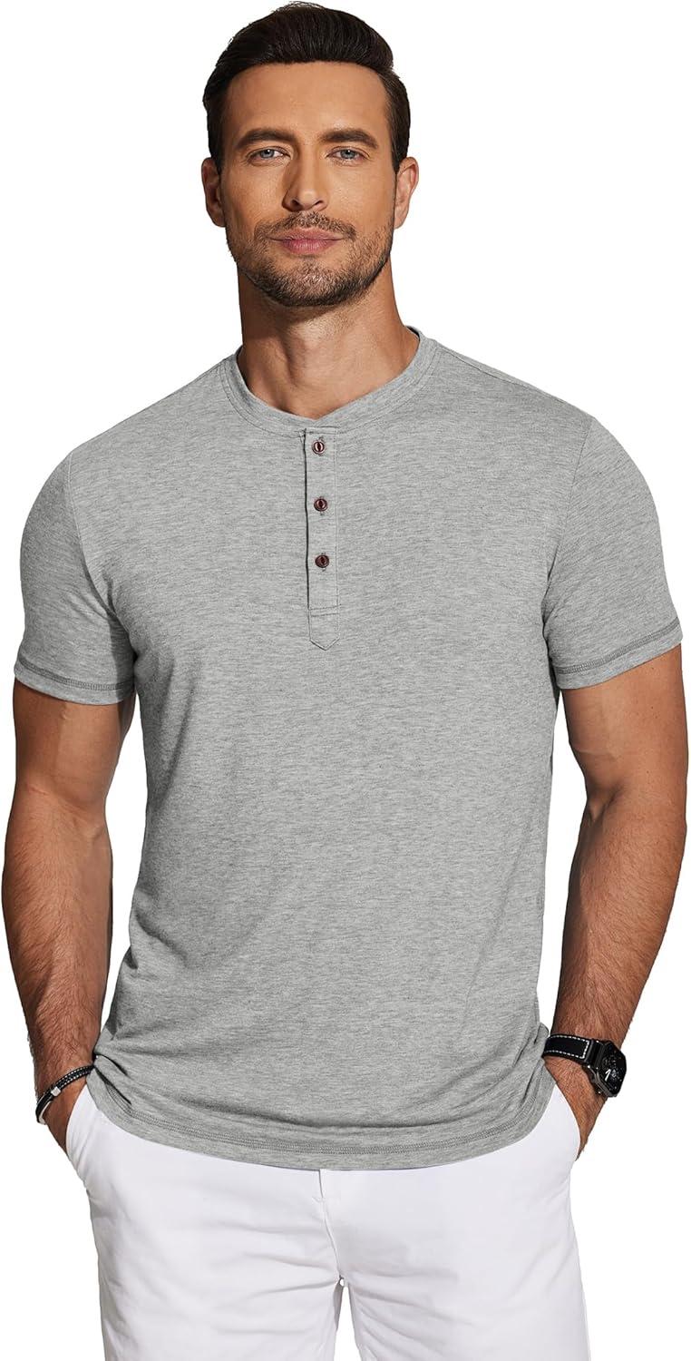 imageCOOFANDY Mens Henley Shirts Short Sleeve Casual Basic Tee Summer Button Henley Soild T ShirtsGrey