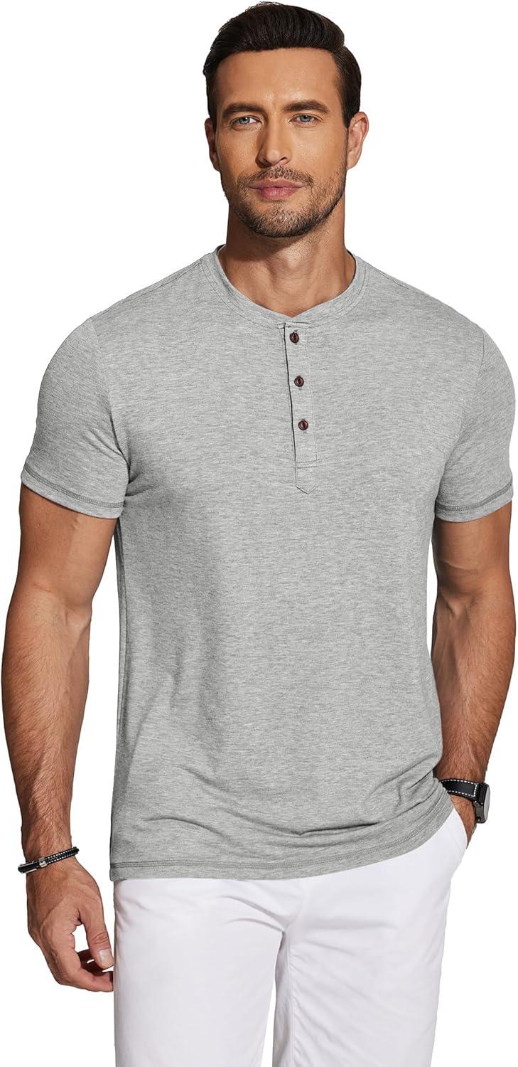 imageCOOFANDY Mens Henley Shirts Short Sleeve Casual Basic Tee Summer Button Henley Soild T ShirtsGrey