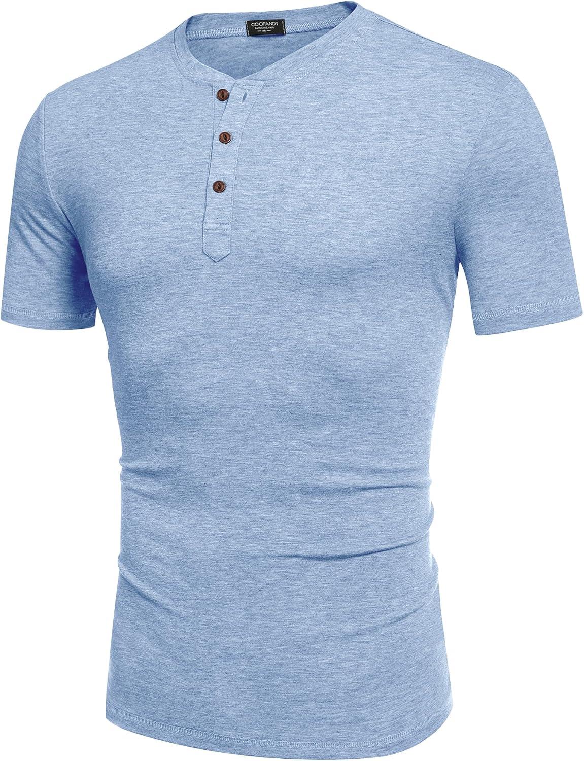 imageCOOFANDY Mens Henley Shirts Short Sleeve Casual Basic Tee Summer Button Henley Soild T ShirtsLight Blue
