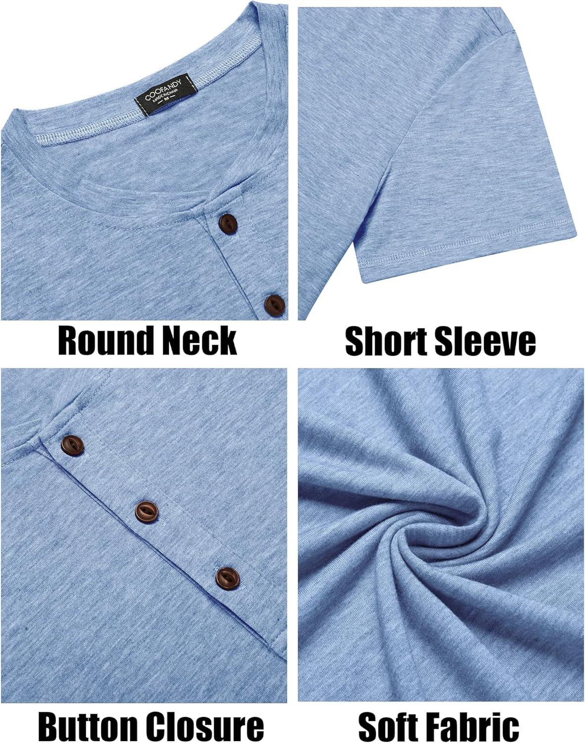 imageCOOFANDY Mens Henley Shirts Short Sleeve Casual Basic Tee Summer Button Henley Soild T ShirtsLight Blue
