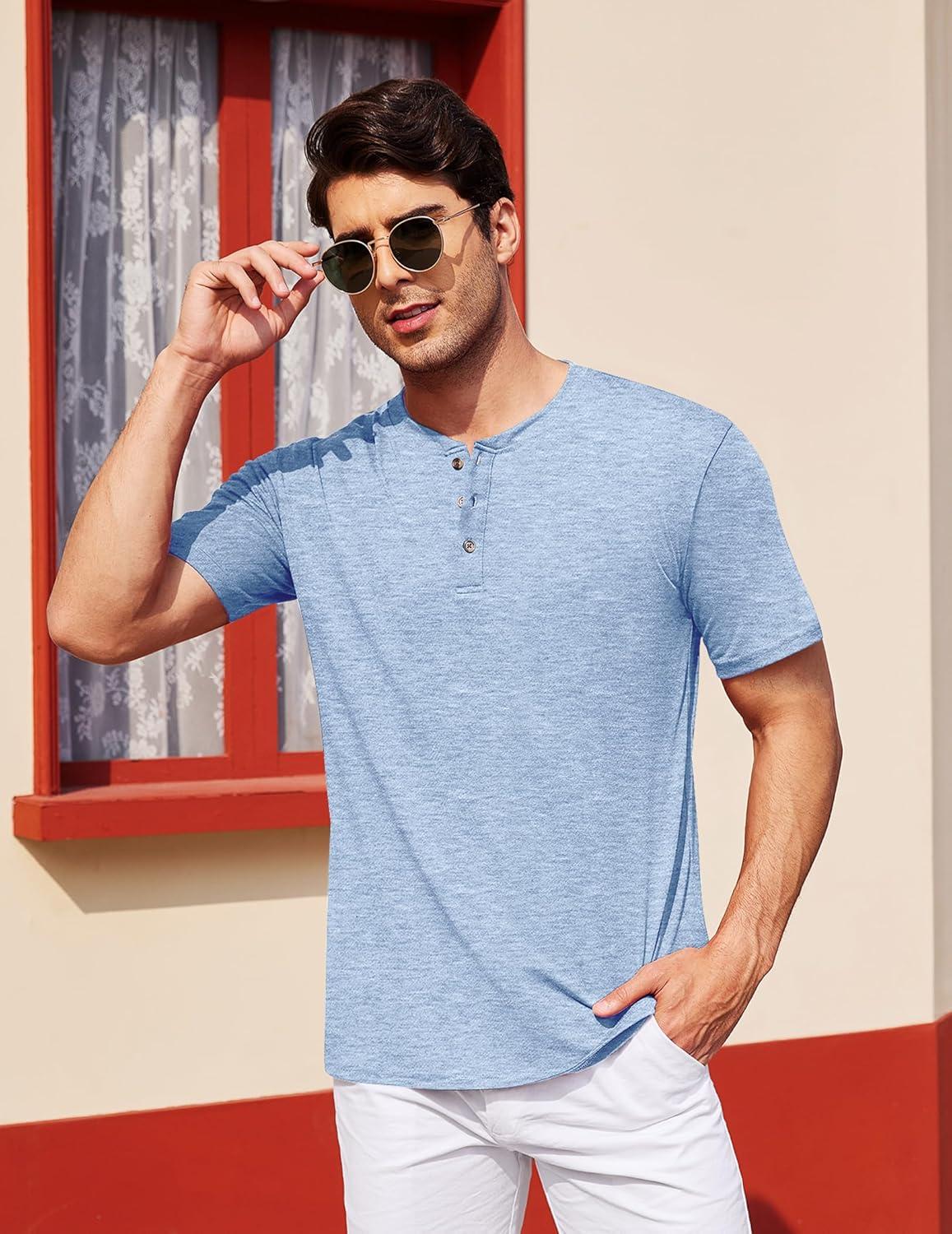 imageCOOFANDY Mens Henley Shirts Short Sleeve Casual Basic Tee Summer Button Henley Soild T ShirtsLight Blue