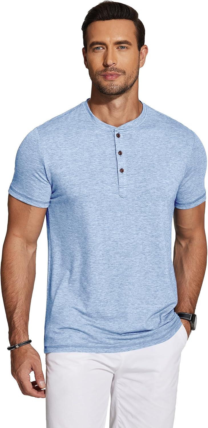 imageCOOFANDY Mens Henley Shirts Short Sleeve Casual Basic Tee Summer Button Henley Soild T ShirtsLight Blue