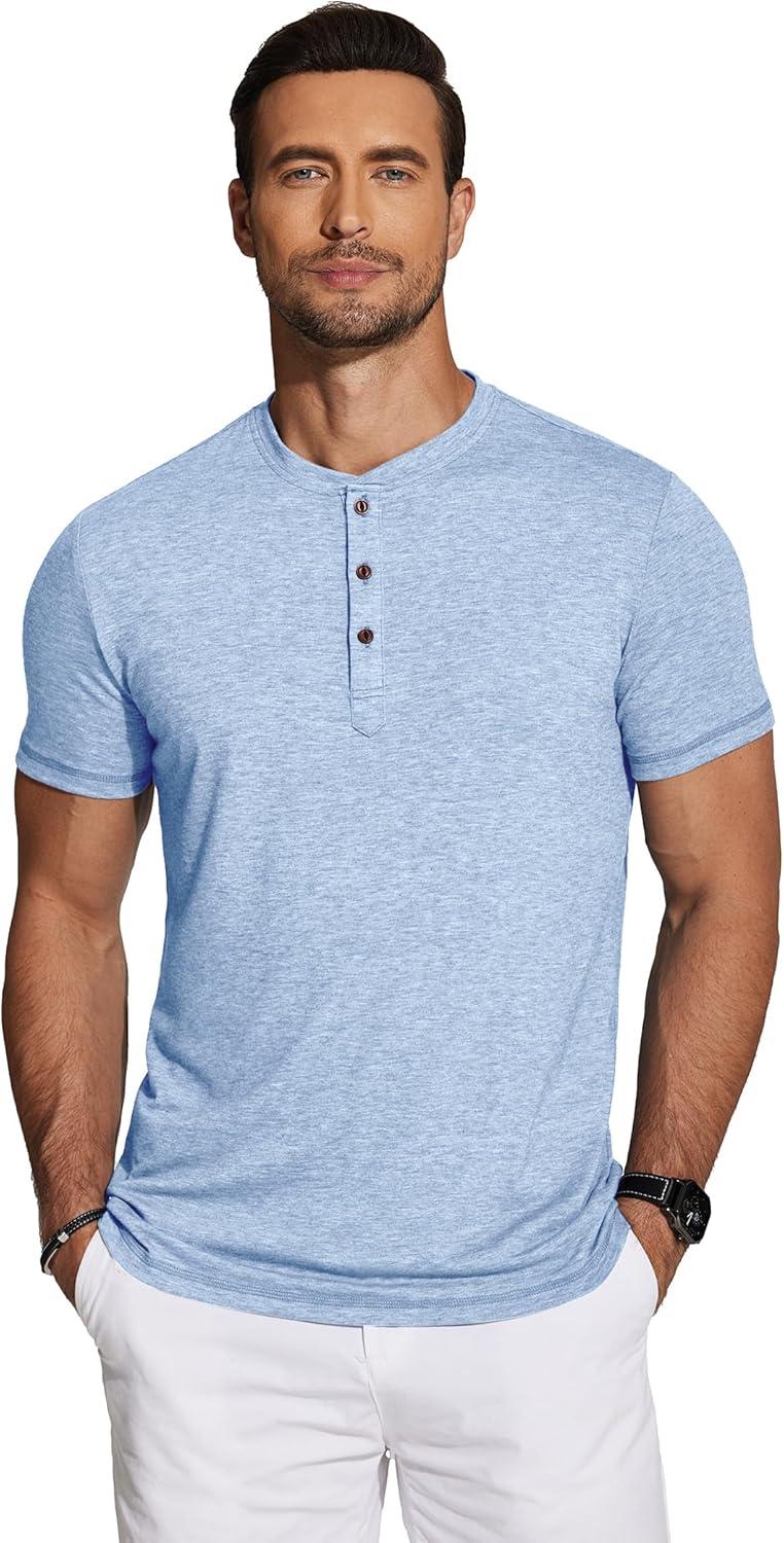 imageCOOFANDY Mens Henley Shirts Short Sleeve Casual Basic Tee Summer Button Henley Soild T ShirtsLight Blue