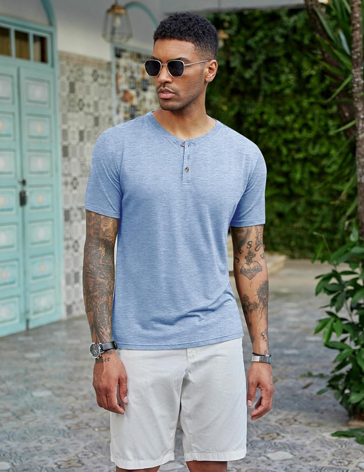 imageCOOFANDY Mens Henley Shirts Short Sleeve Casual Basic Tee Summer Button Henley Soild T ShirtsLight Blue