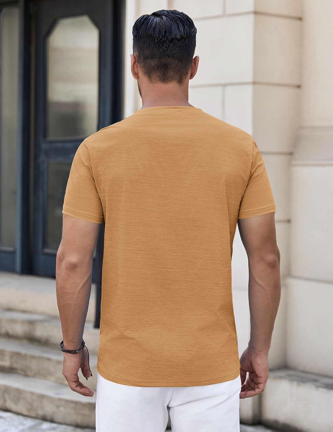 imageCOOFANDY Mens Henley Shirts Short Sleeve Casual Button Down Shirts Lightweight Summer Basic TeeCamel