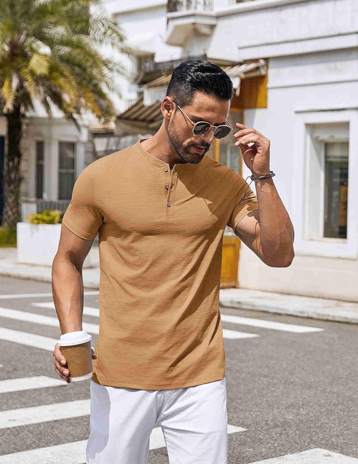 imageCOOFANDY Mens Henley Shirts Short Sleeve Casual Button Down Shirts Lightweight Summer Basic TeeCamel