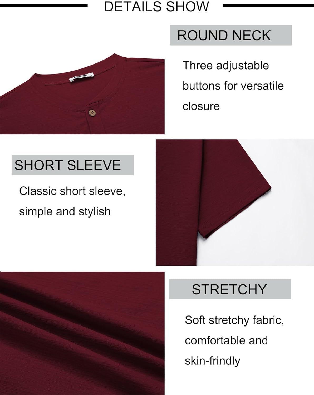 imageCOOFANDY Mens Henley Shirts Short Sleeve Casual Button Down Shirts Lightweight Summer Basic TeeWine Red