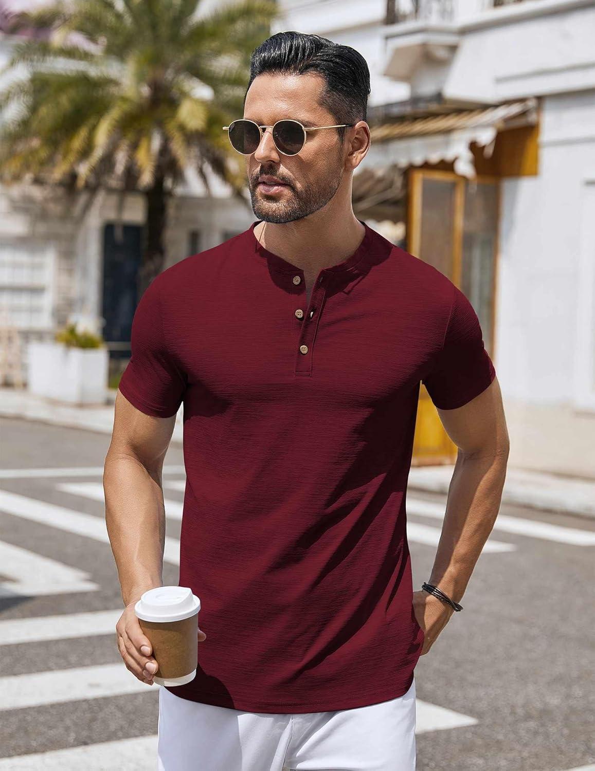imageCOOFANDY Mens Henley Shirts Short Sleeve Casual Button Down Shirts Lightweight Summer Basic TeeWine Red