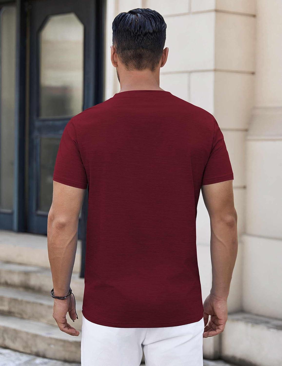 imageCOOFANDY Mens Henley Shirts Short Sleeve Casual Button Down Shirts Lightweight Summer Basic TeeWine Red
