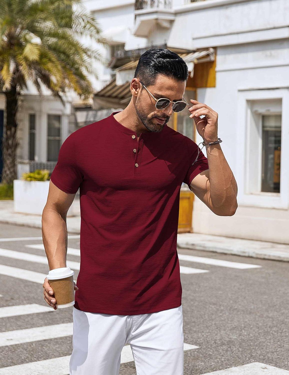 imageCOOFANDY Mens Henley Shirts Short Sleeve Casual Button Down Shirts Lightweight Summer Basic TeeWine Red