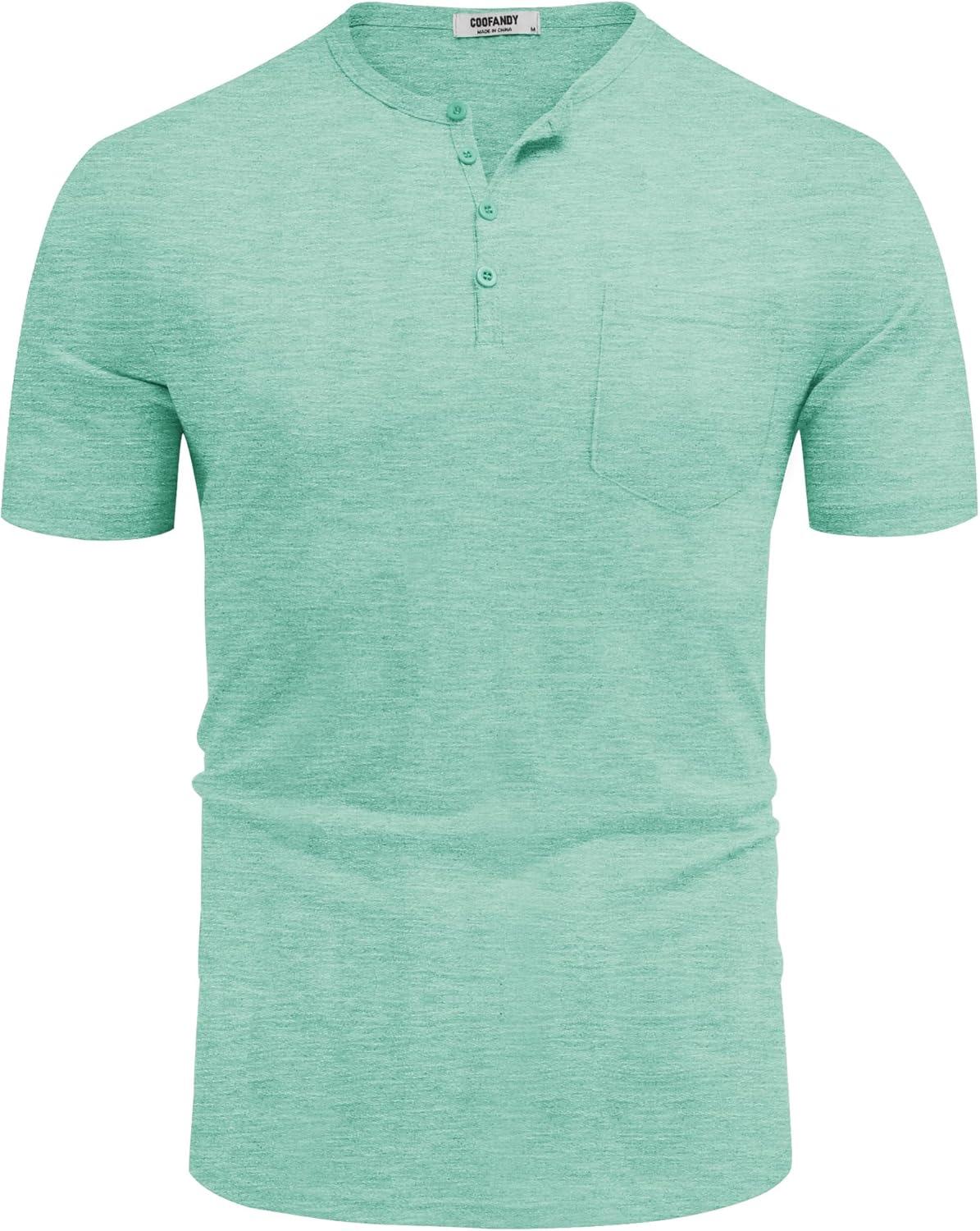 imageCOOFANDY Mens Henley Shirts Short Sleeve Casual T Shirt Plain Slim Fit Henley Stylish Summer Tee Shirts with PocketIce Green