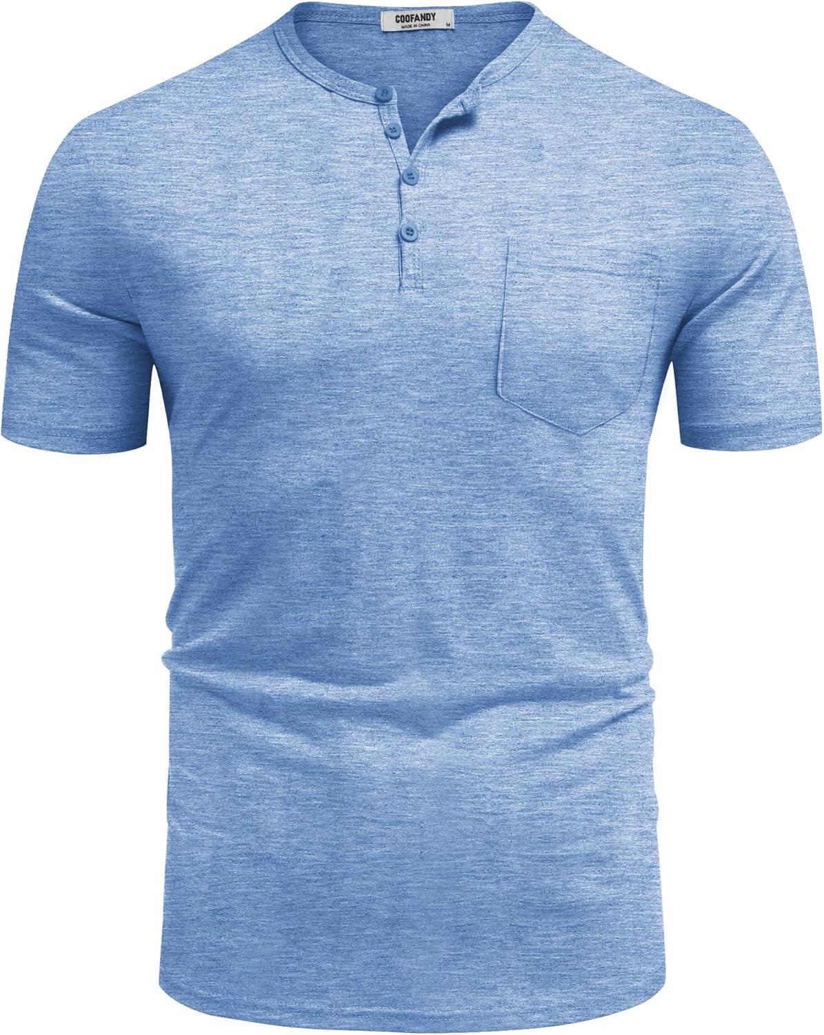 imageCOOFANDY Mens Henley Shirts Short Sleeve Casual T Shirt Plain Slim Fit Henley Stylish Summer Tee Shirts with PocketLight Blue