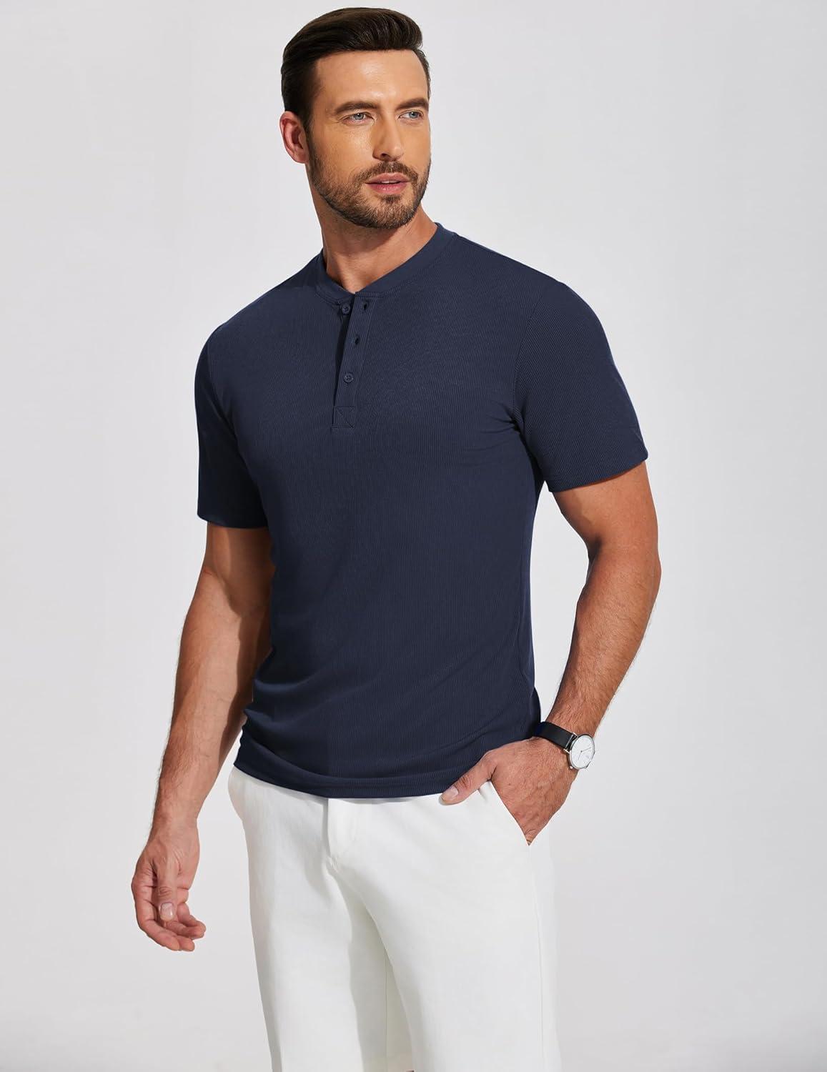 imageCOOFANDY Mens Henley Shirts Short Sleeve Ribbed TShirts Bodybuilding Workout Tee ShirtsNavy Blue