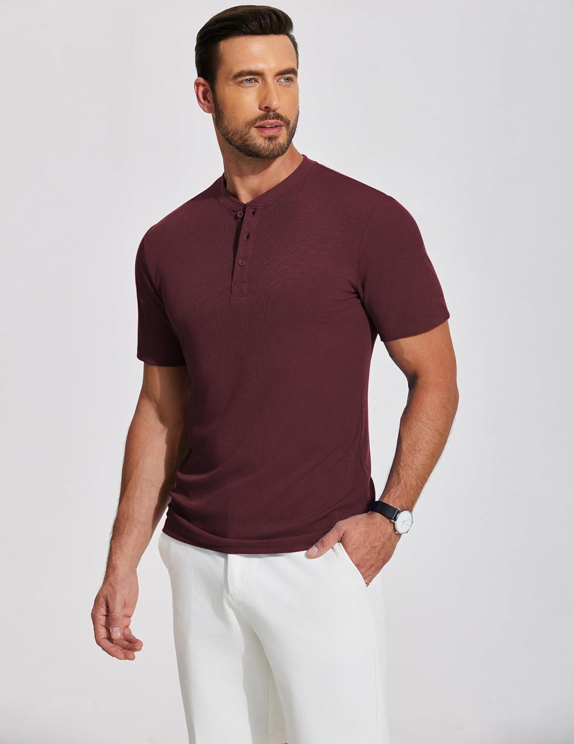 imageCOOFANDY Mens Henley Shirts Short Sleeve Ribbed TShirts Bodybuilding Workout Tee ShirtsWine Red