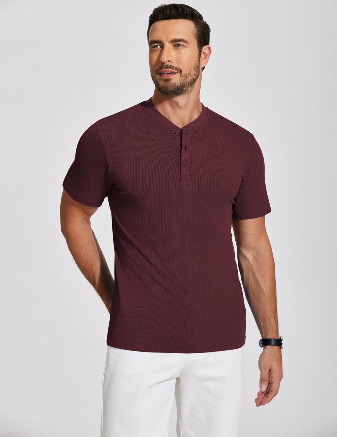 imageCOOFANDY Mens Henley Shirts Short Sleeve Ribbed TShirts Bodybuilding Workout Tee ShirtsWine Red