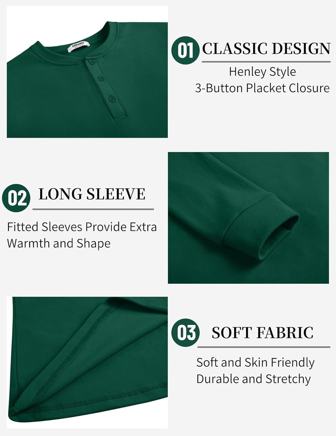 imageCOOFANDY Mens Henley TShirts Long Sleeve Pullover Shirt Casual Heavyweight Button Shirts Basic TeesDark Green