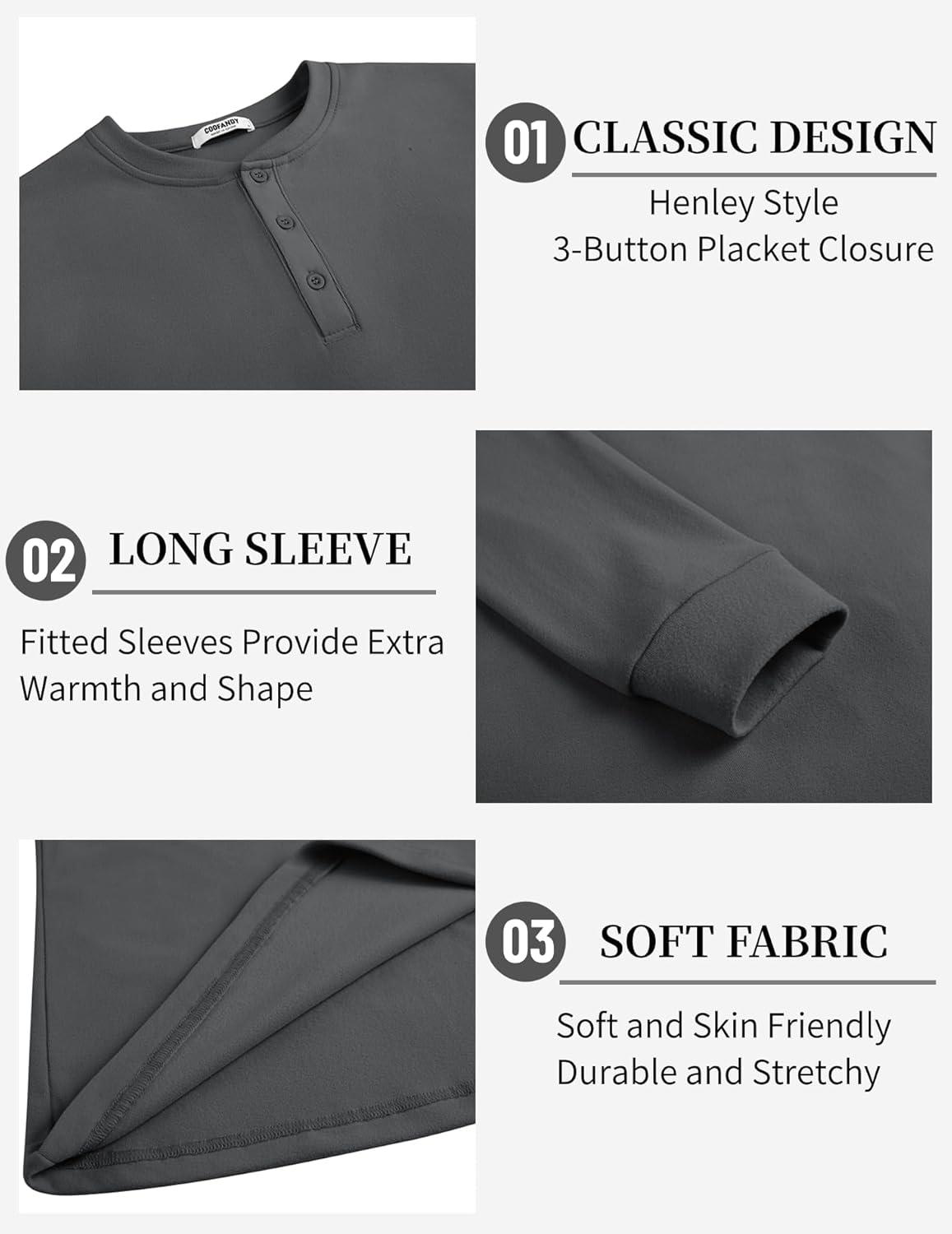 imageCOOFANDY Mens Henley TShirts Long Sleeve Pullover Shirt Casual Heavyweight Button Shirts Basic TeesDark Grey