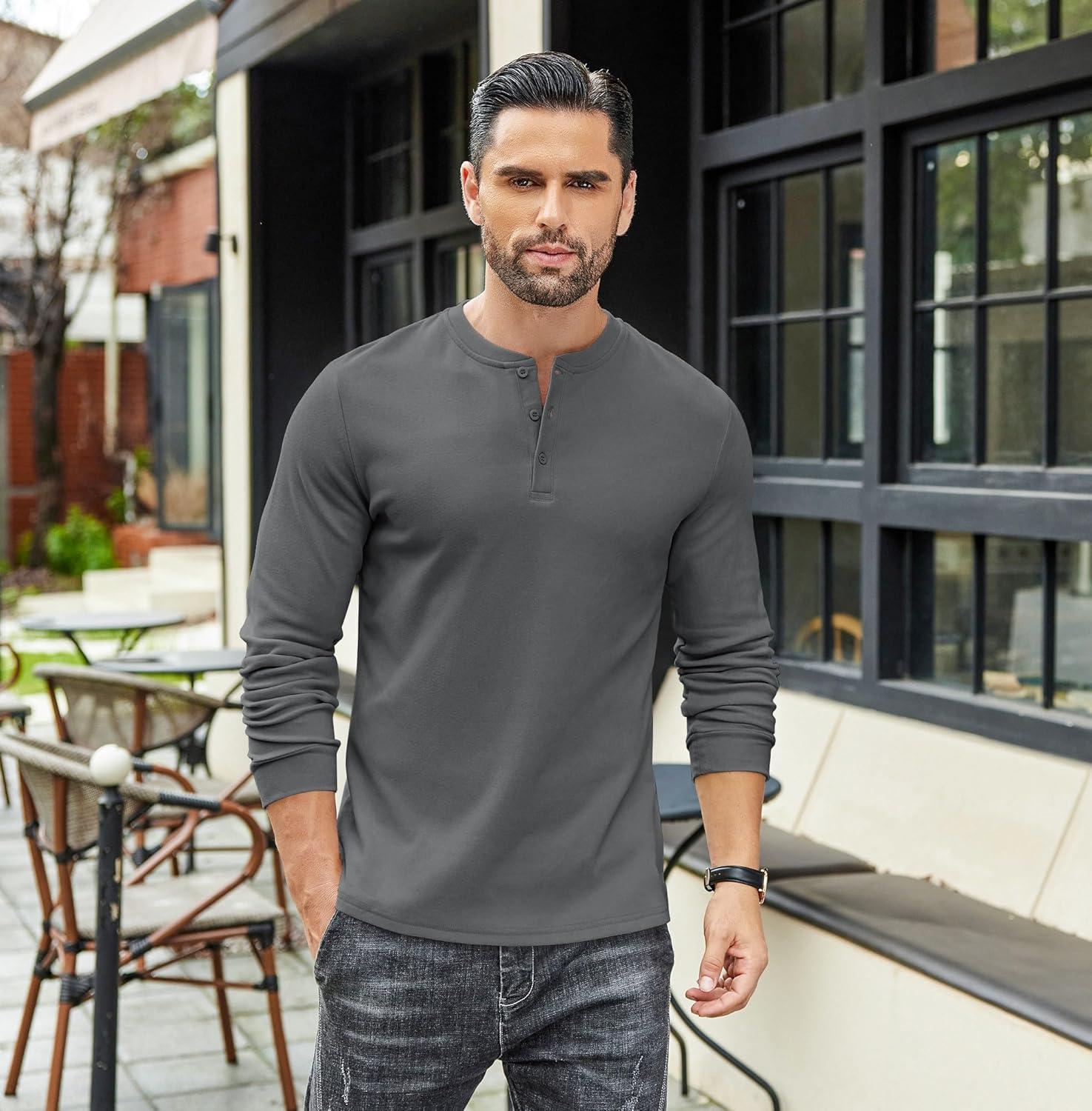 imageCOOFANDY Mens Henley TShirts Long Sleeve Pullover Shirt Casual Heavyweight Button Shirts Basic TeesDark Grey