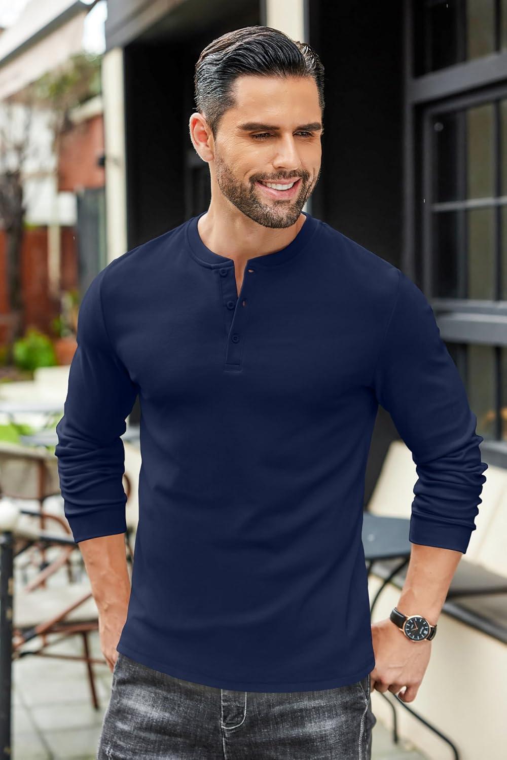 imageCOOFANDY Mens Henley TShirts Long Sleeve Pullover Shirt Casual Heavyweight Button Shirts Basic TeesNavy Blue