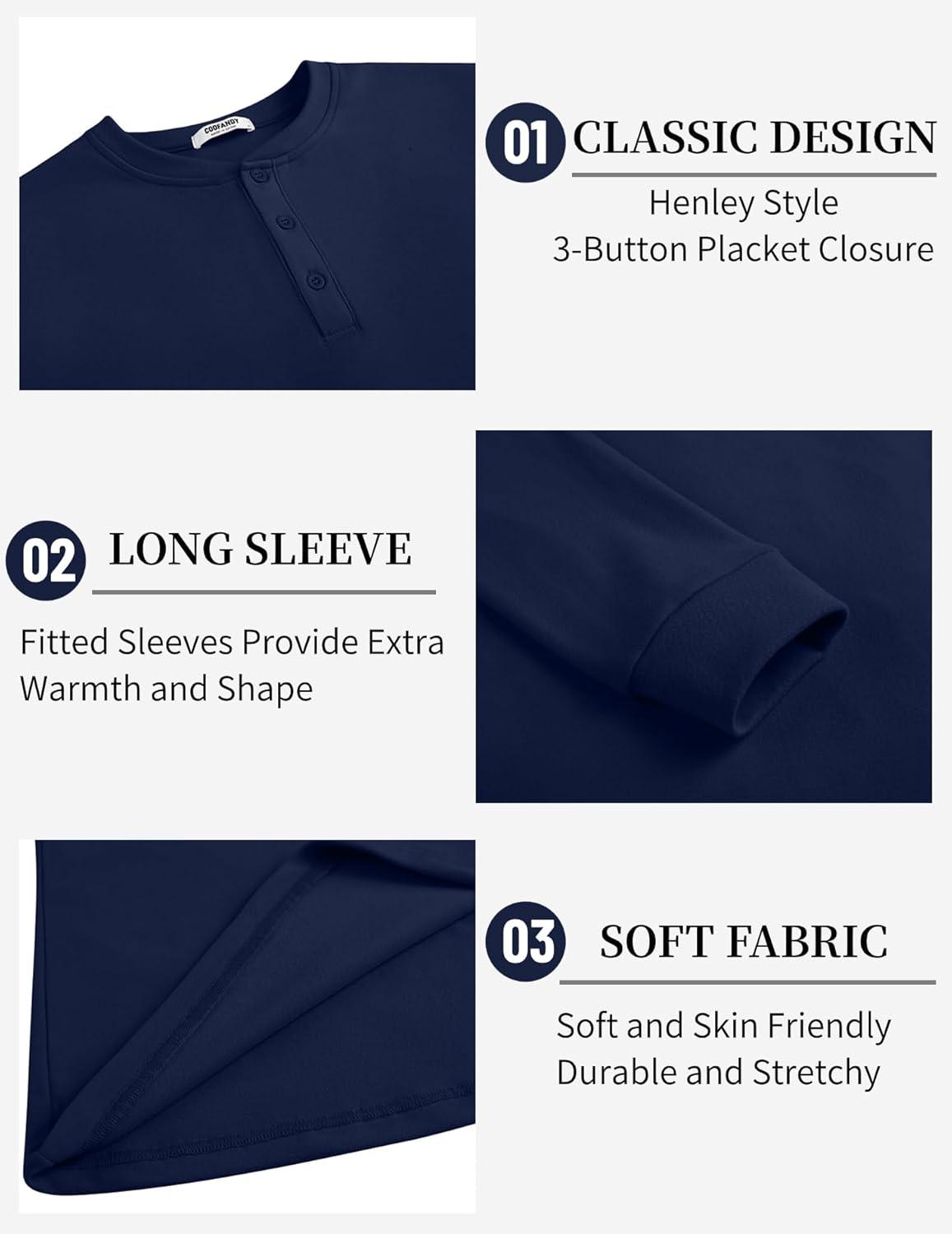 imageCOOFANDY Mens Henley TShirts Long Sleeve Pullover Shirt Casual Heavyweight Button Shirts Basic TeesNavy Blue