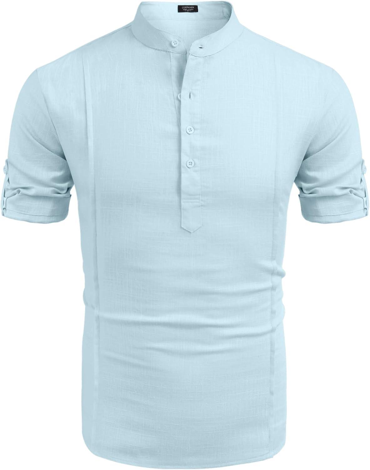 imageCOOFANDY Mens Henley TShirts Short Sleeve Casual Button Henley Shirts Band Collar Tee Summer Beach Hippie ShirtsBlue