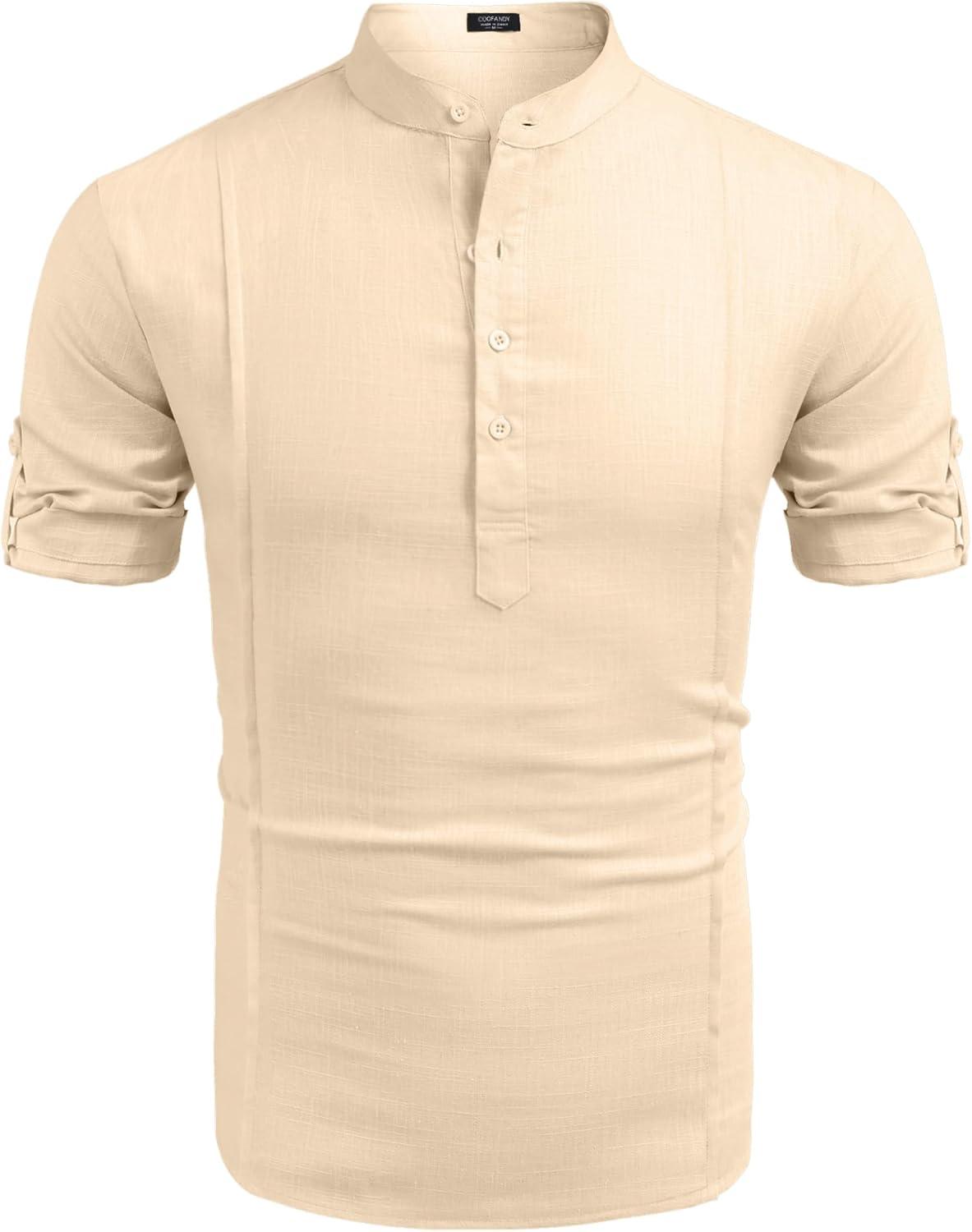 imageCOOFANDY Mens Henley TShirts Short Sleeve Casual Button Henley Shirts Band Collar Tee Summer Beach Hippie ShirtsKhaki