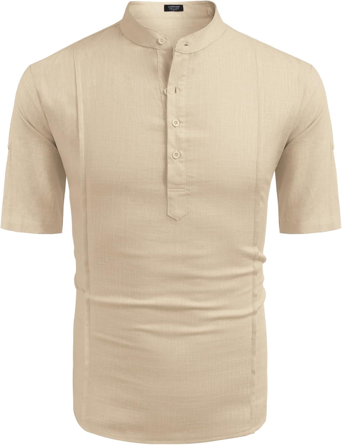 imageCOOFANDY Mens Henley TShirts Short Sleeve Casual Button Henley Shirts Band Collar Tee Summer Beach Hippie ShirtsKhaki