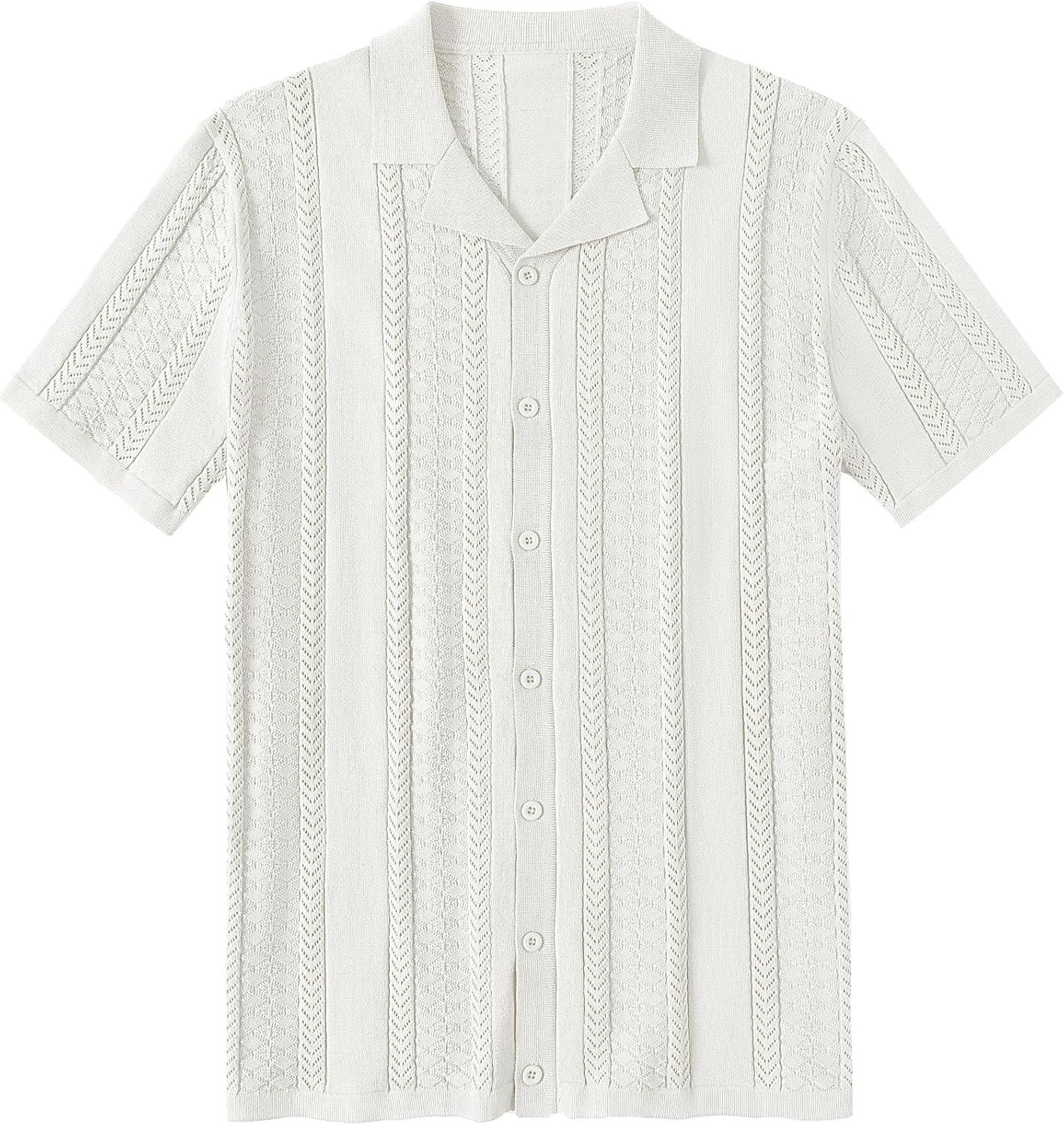 imageCOOFANDY Mens Knit Button Down Shirts Vintage Short Sleeve Casual Polo Shirt Regular Fit Beach Shirts White