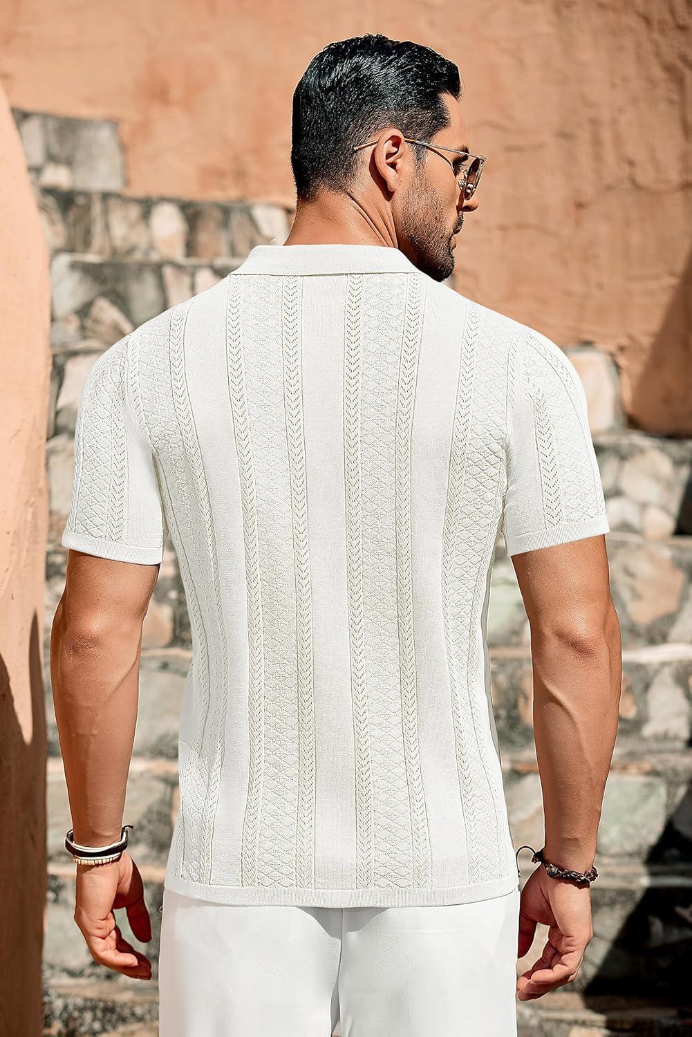 imageCOOFANDY Mens Knit Button Down Shirts Vintage Short Sleeve Casual Polo Shirt Regular Fit Beach Shirts White