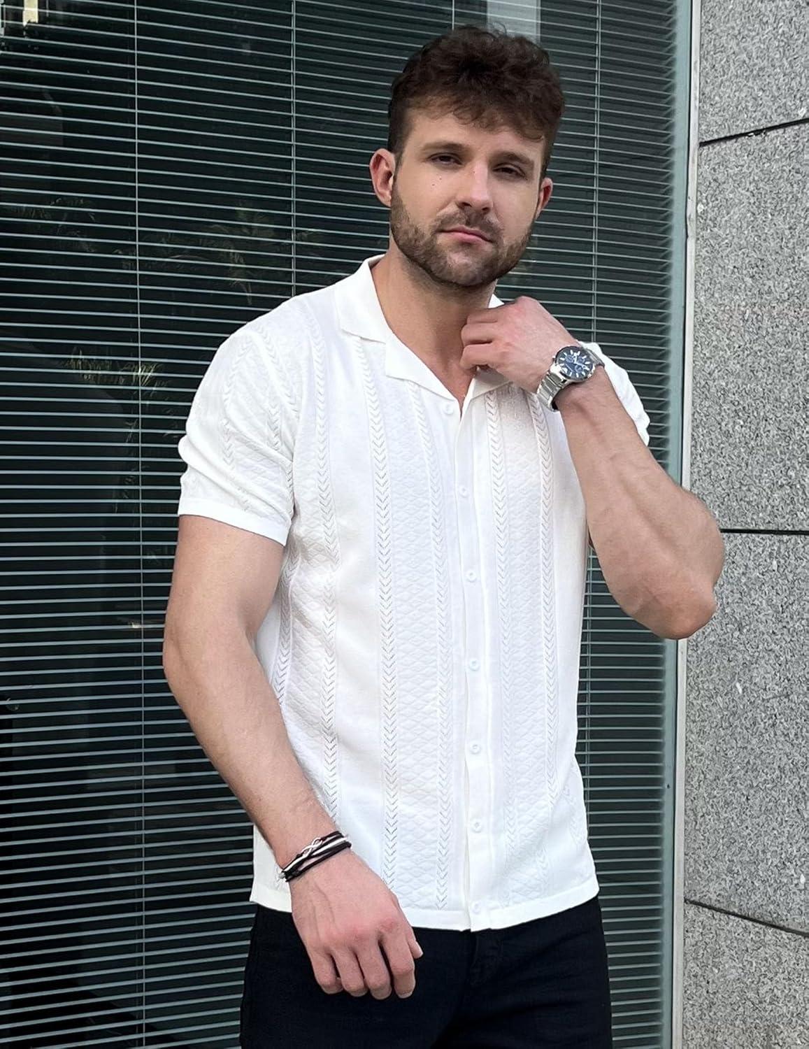 imageCOOFANDY Mens Knit Button Down Shirts Vintage Short Sleeve Casual Polo Shirt Regular Fit Beach Shirts White