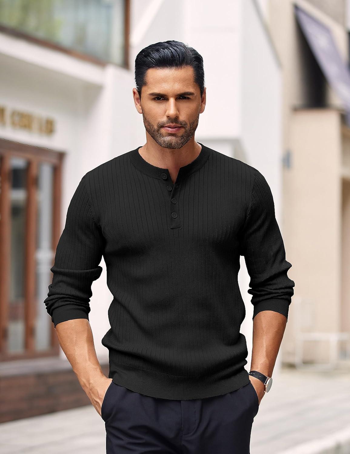 imageCOOFANDY Mens Knit Henley Sweater Long Sleeve Button Down Lightweight Sweater Fall Slim Fit Ribbed PulloverAll Black