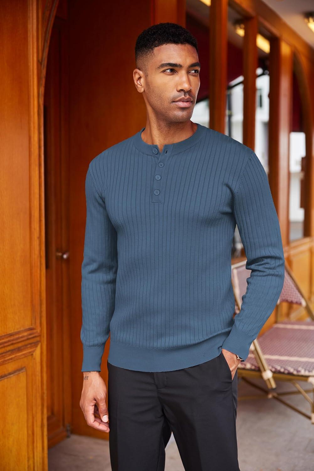 imageCOOFANDY Mens Knit Henley Sweater Long Sleeve Button Down Lightweight Sweater Fall Slim Fit Ribbed PulloverDenim Blue