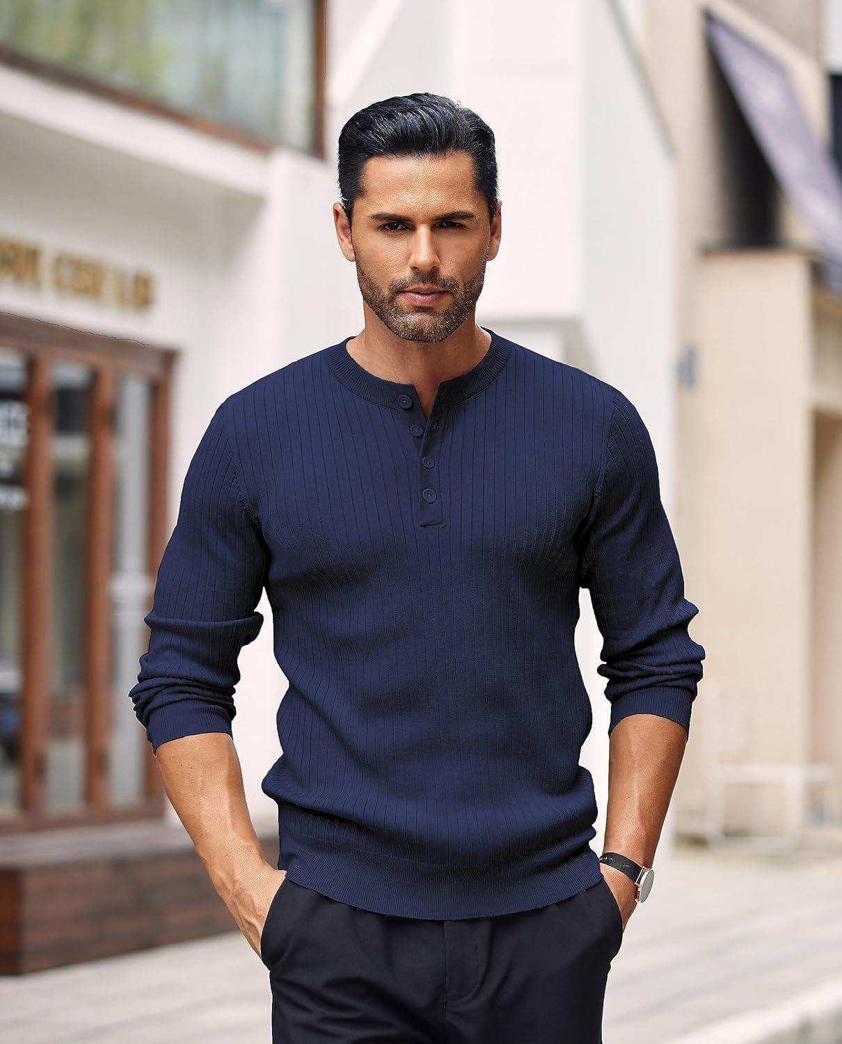 imageCOOFANDY Mens Knit Henley Sweater Long Sleeve Button Down Lightweight Sweater Fall Slim Fit Ribbed PulloverNavy Blue