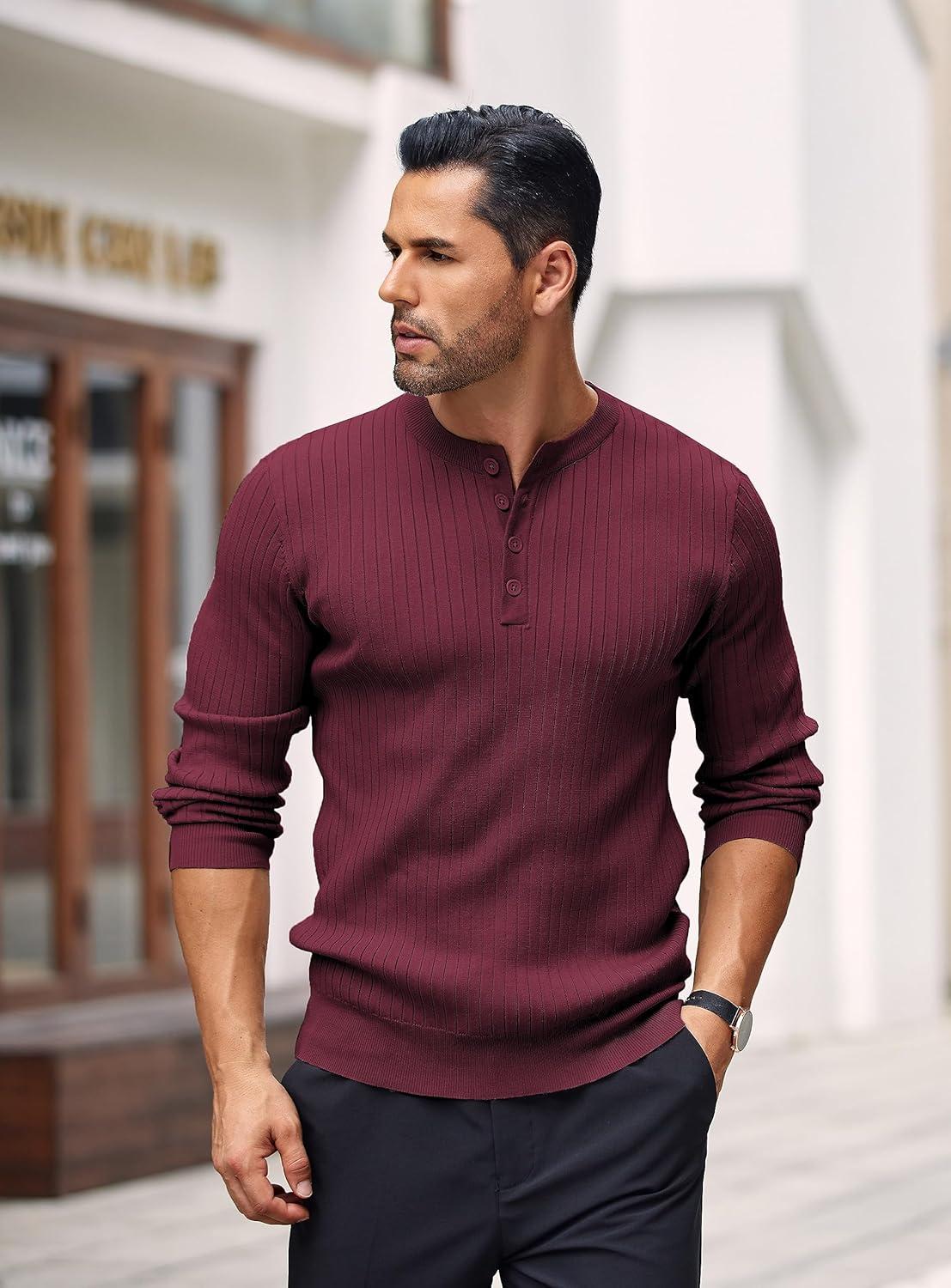 imageCOOFANDY Mens Knit Henley Sweater Long Sleeve Button Down Lightweight Sweater Fall Slim Fit Ribbed PulloverWine Red